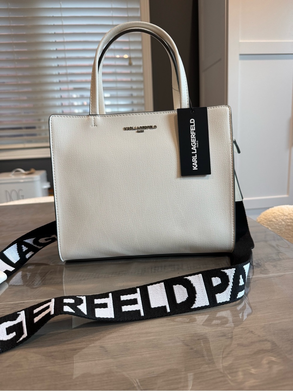 Karl Lagerfeld Cream Pebbled Satchel with Black Logo Strap
